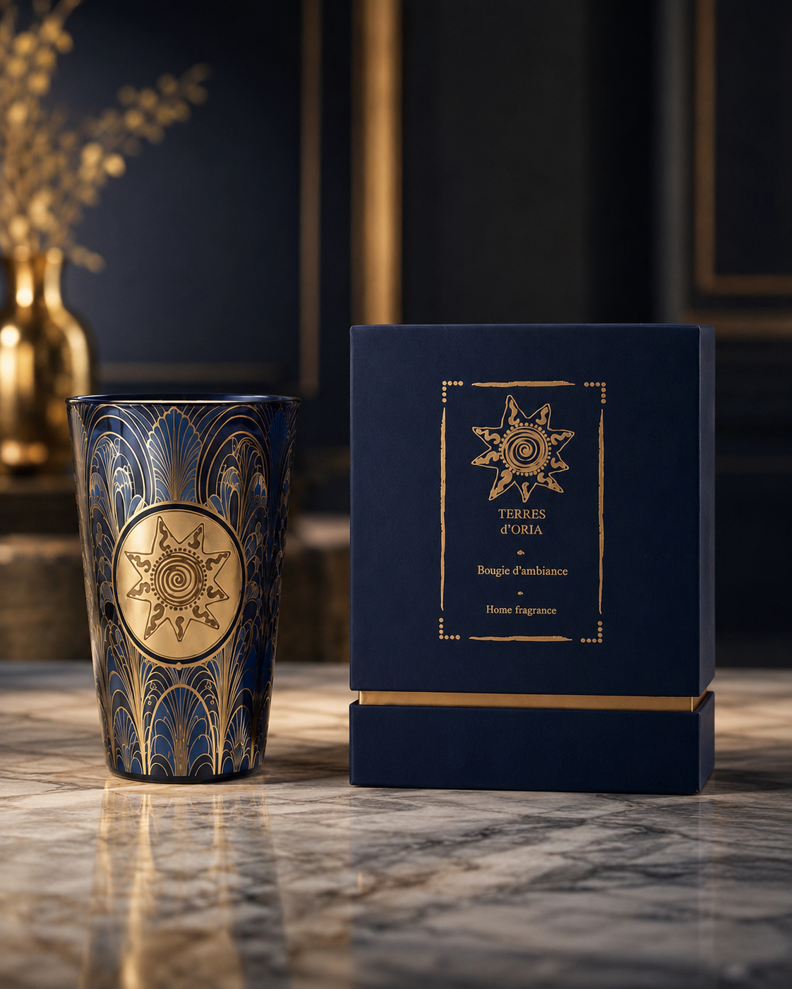 Bougie Art déco Terres d’Oria et son écrin bleu nuit